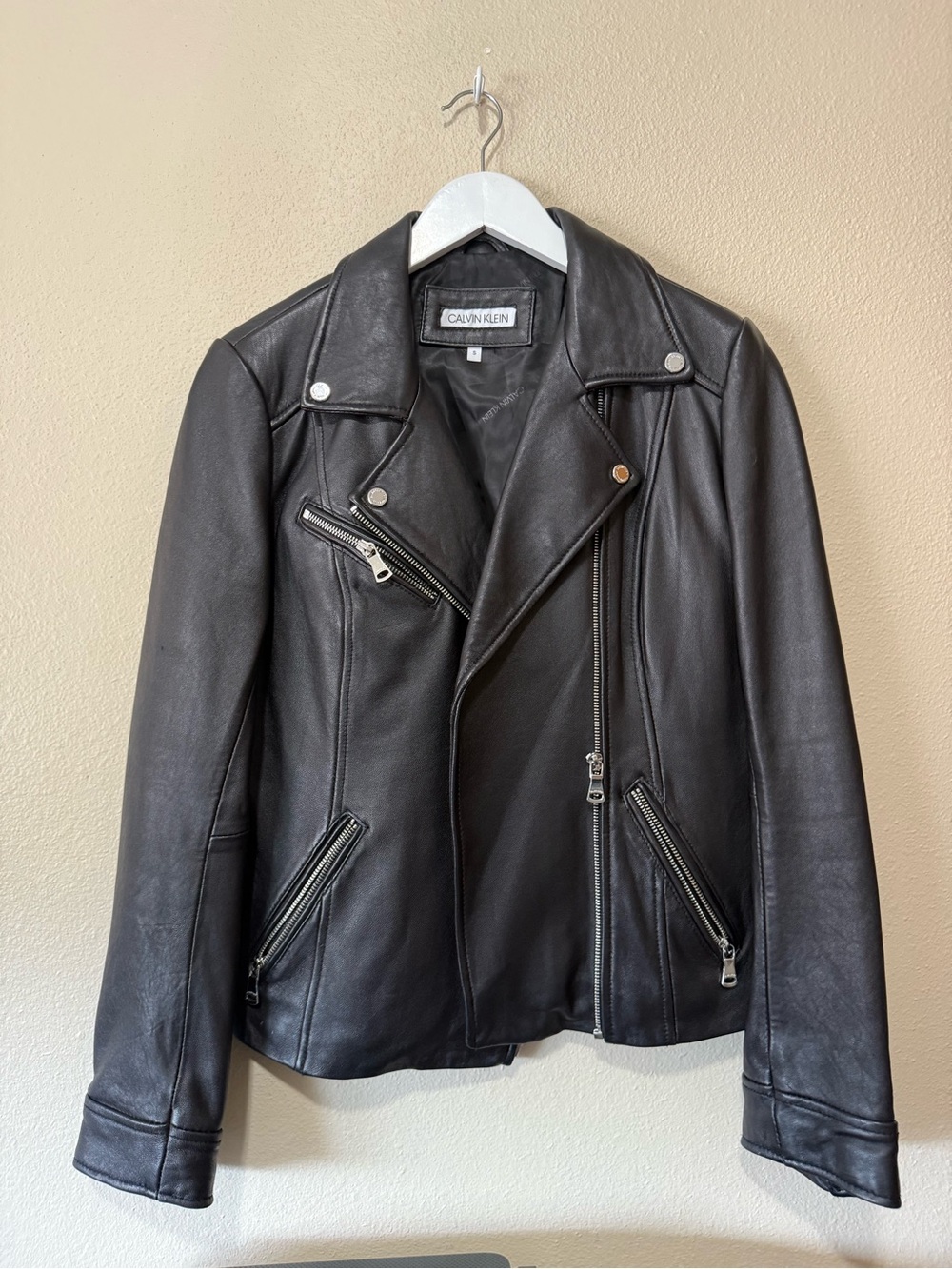 Calvin Klein Black Leather Asymmetrical Moto Jacket